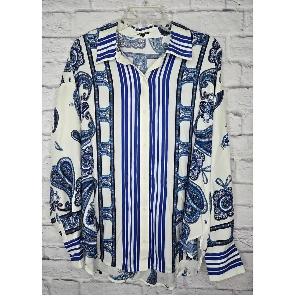 Express Portofino Shirt Womens Large Blue Paisley Striped Oversized Career Satin - Picture 2 of 8